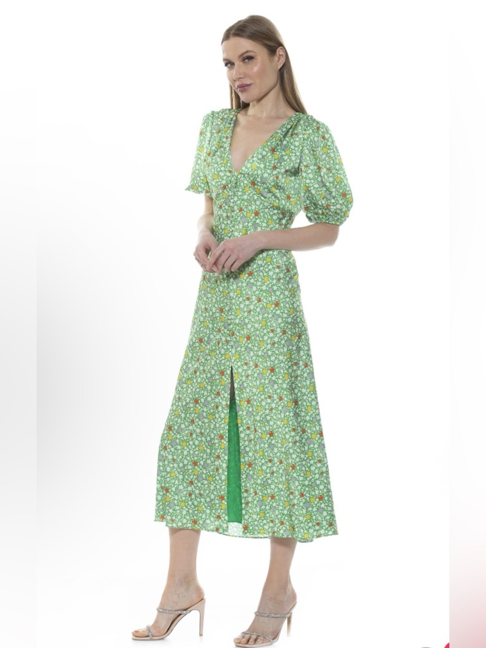 Alexia Admor Lorlei Green Floral V-Neck Midi Dress - Picture 3 of 7